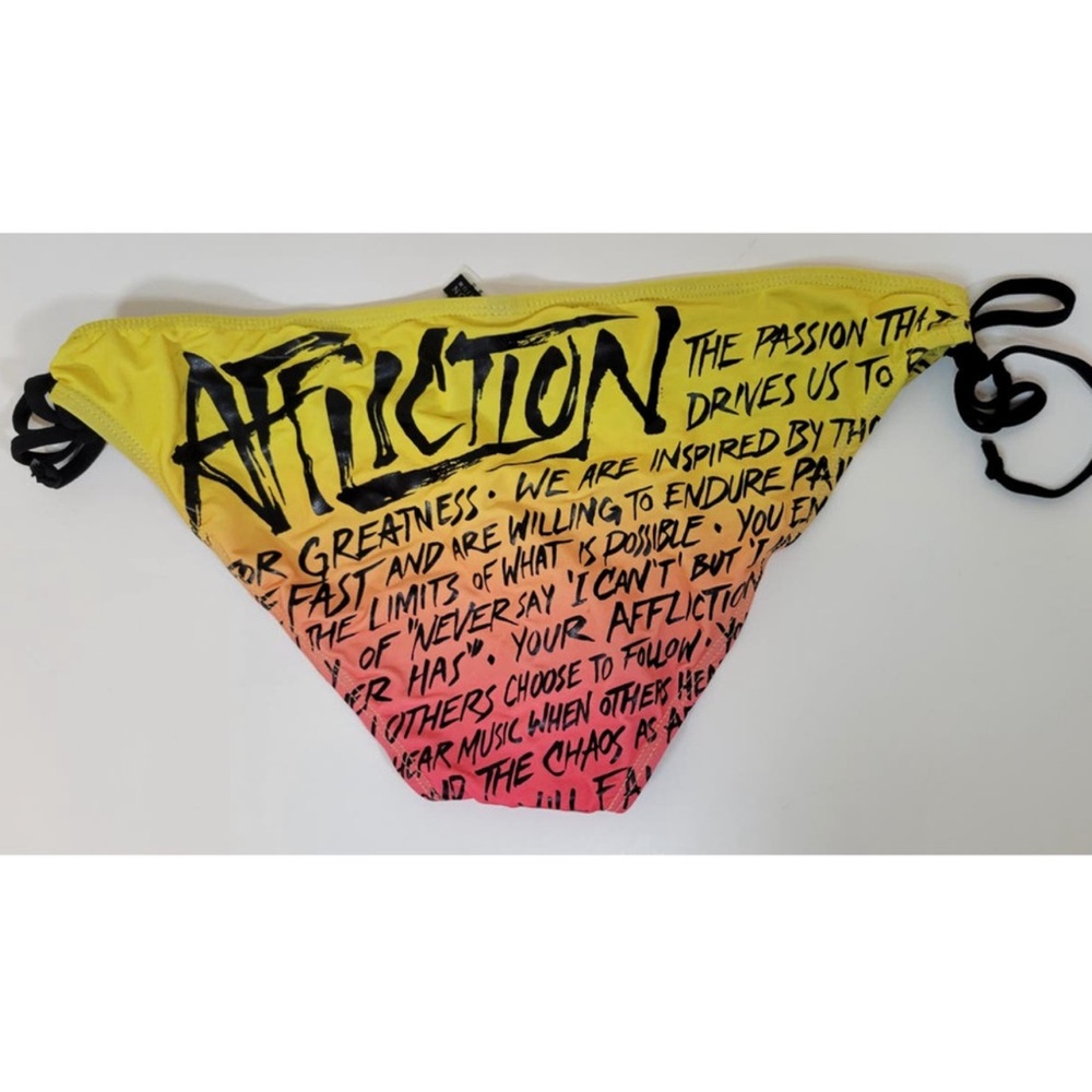 Affliction Women's Black Premium Bikini Bottom Text Ombre Yellow Orange Tie Side